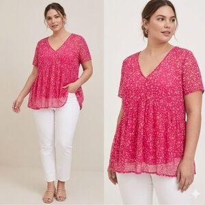 NWT Lane Bryant Pink Floral V-Neck Sheer Babydoll Blouse